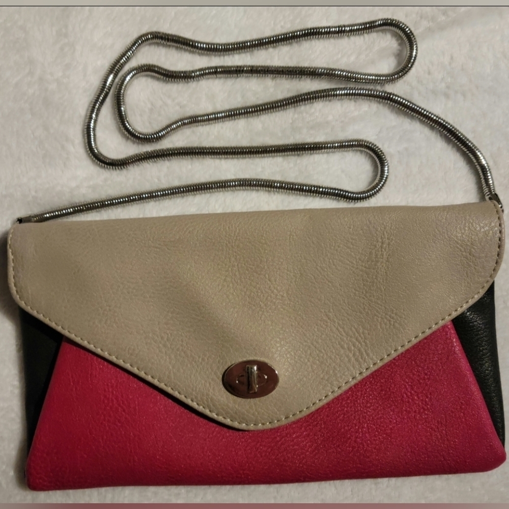 Candie's Purse Clutch Bag with Detachable Silvertone Chain Pink Beige Black